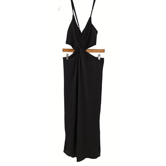 As You Wish Jumpsuit Sz L Black Wide Leg Cut Out Cross Over Knot Front Tie Back - Picture 1 of 10